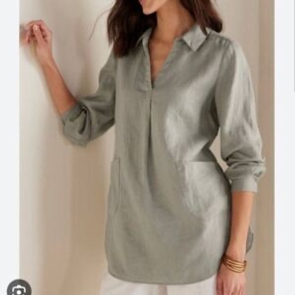Soft Surroundings Womens Medium Sage Green 100% Linen Split Neck Tunic Top 2FW82